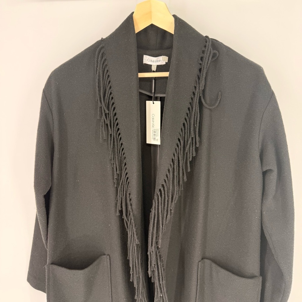 NWT Calvin Klein Wool Blend Black Oversized Cardigan with Fringe Size S - Picture 3 of 8